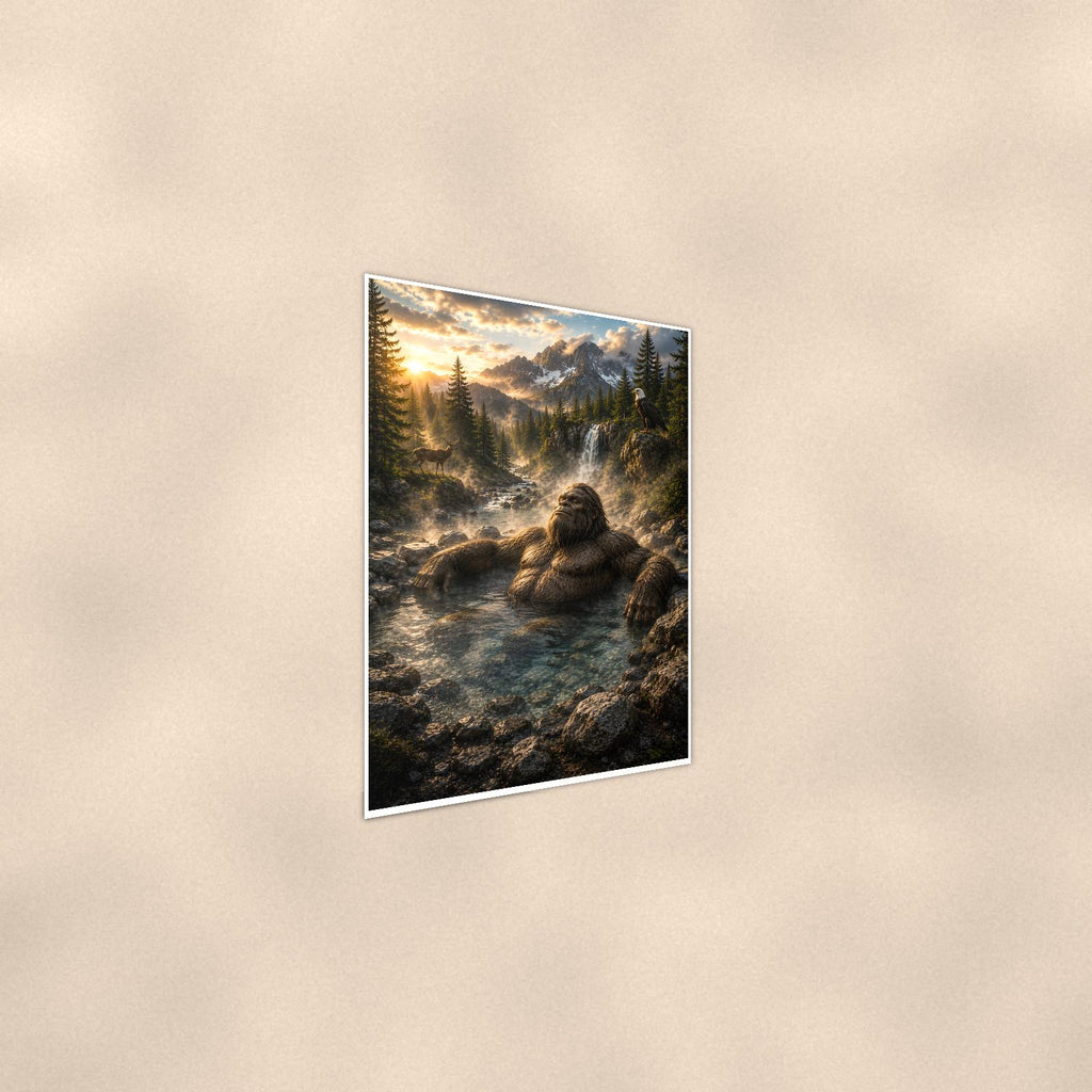 Hot Spring Soak Bigfoot — 24x36 in art print poster, premium luster paper with a white border; steeper three-quarter angle on a warm wall, catching the luster sheen.