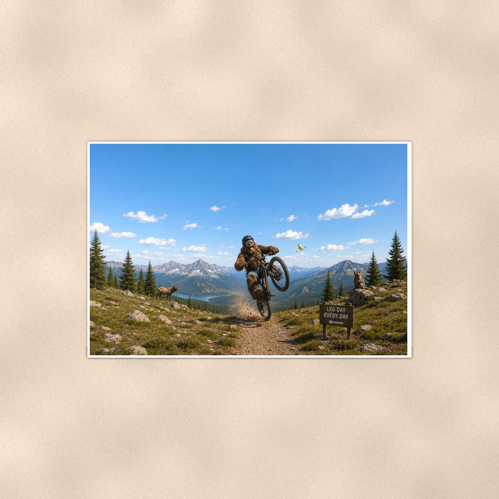 Mountain Bike Bigfoot Scenic — 36x24 in art print poster, premium luster paper with a white border; poster shown straight on against a warm wall.