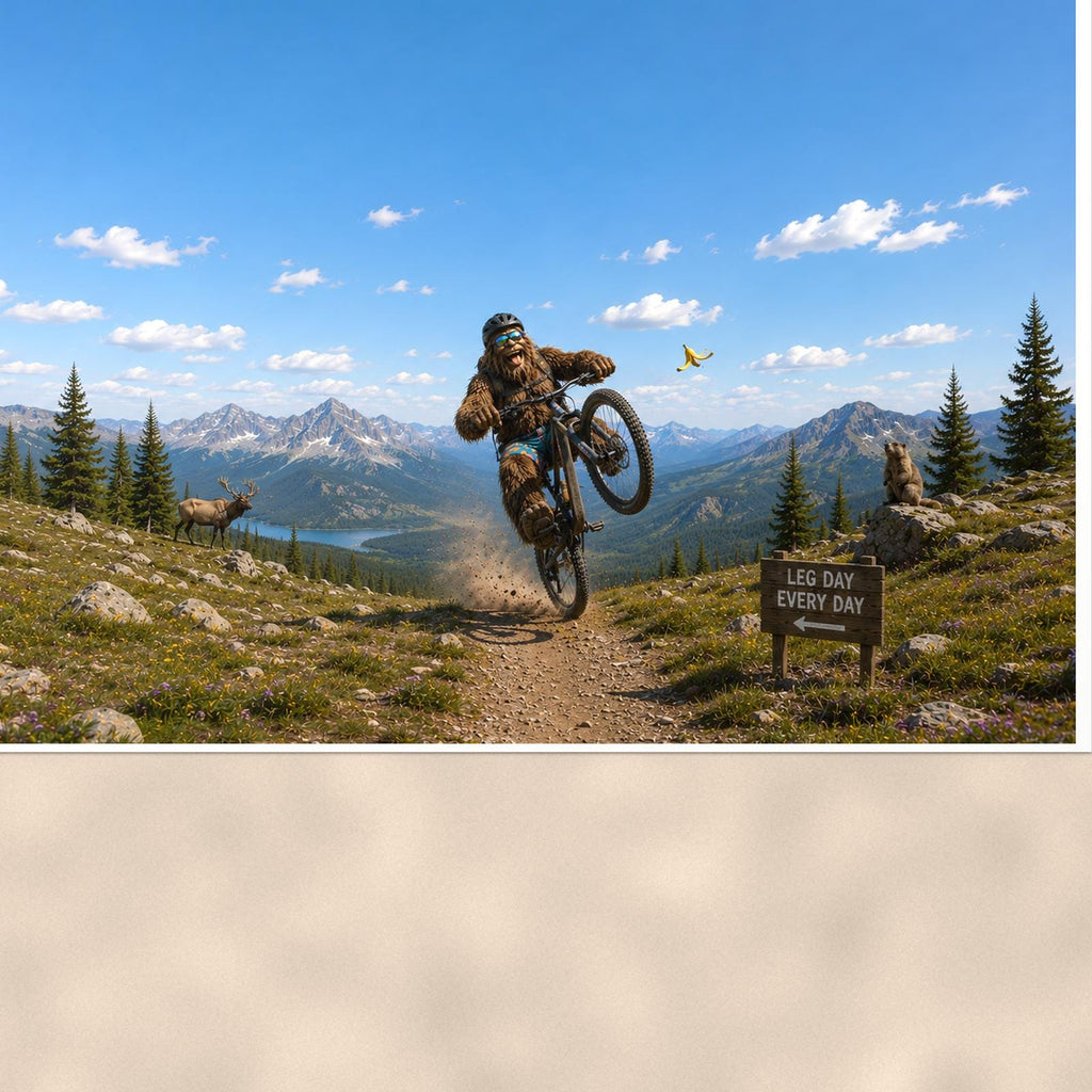 Mountain Bike Bigfoot Scenic — 36x24 in art print poster, premium luster paper with a white border; close-up framed on the main subject of the artwork, paper surface visible.