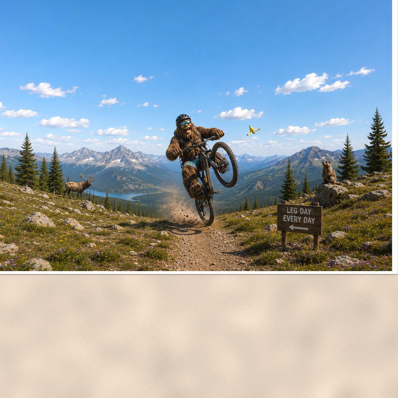Mountain Bike Bigfoot Scenic — 36x24 in art print poster, premium luster paper with a white border; close-up framed on the main subject of the artwork, paper surface visible.