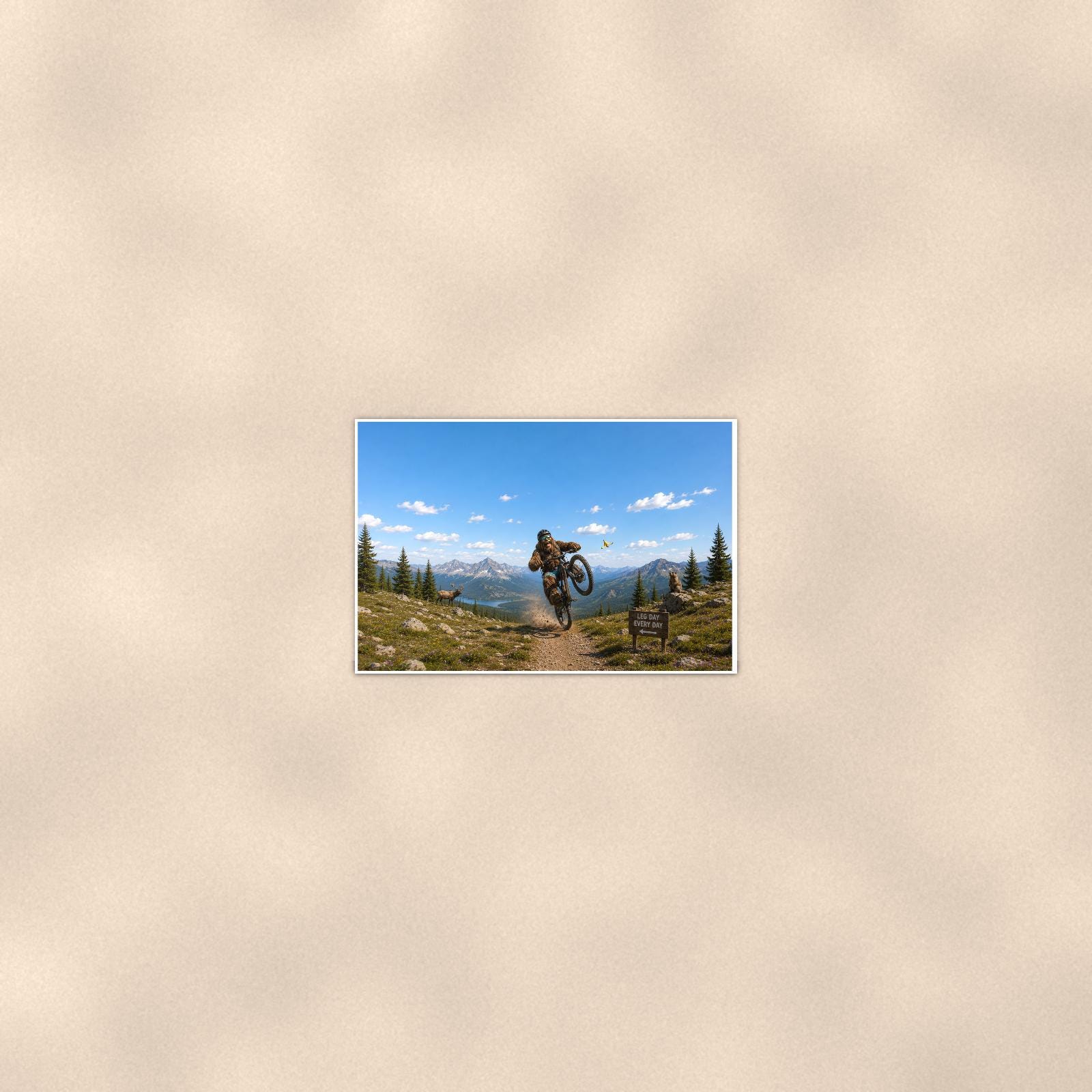 Mountain Bike Bigfoot Scenic — 36x24 in art print poster, premium luster paper with a white border; poster seen from further back, at true 24x36 in scale on a warm wall.