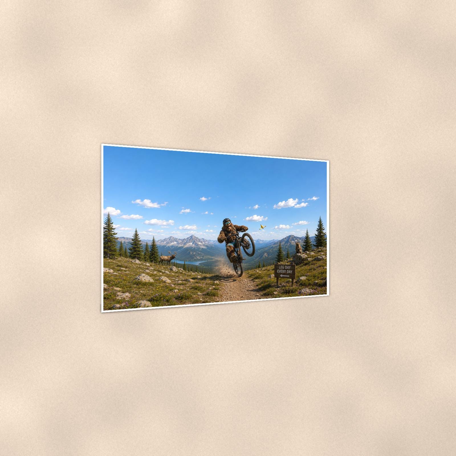 Mountain Bike Bigfoot Scenic — 36x24 in art print poster, premium luster paper with a white border; gentle three-quarter angle on a warm wall, showing the flat paper edge.