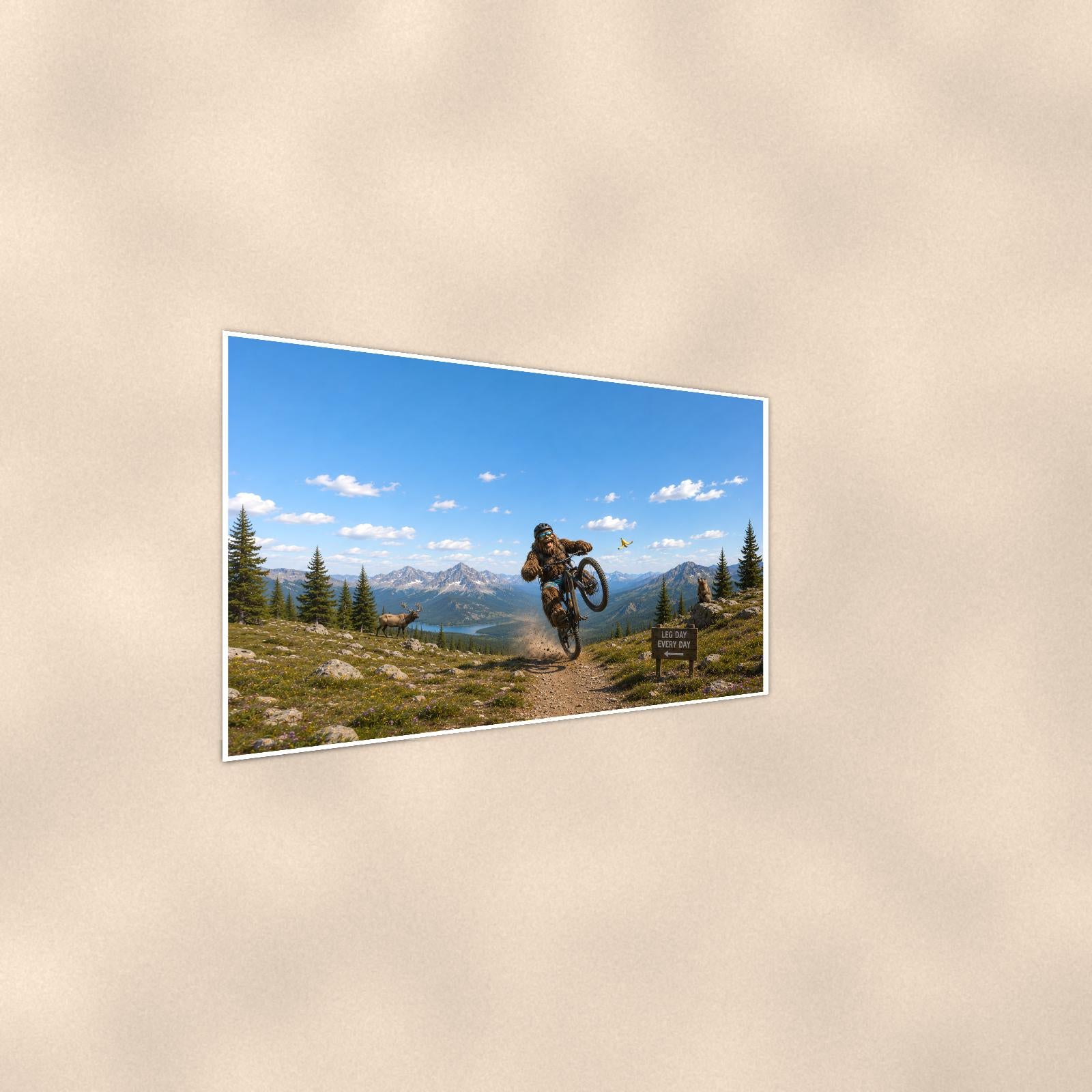 Mountain Bike Bigfoot Scenic — 36x24 in art print poster, premium luster paper with a white border; steeper three-quarter angle on a warm wall, catching the luster sheen.