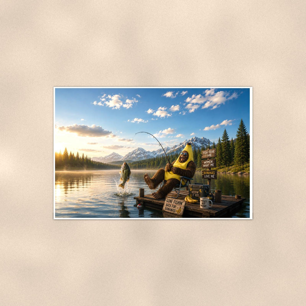 Banana Fishing Bigfoot — 36x24 in art print poster, premium luster paper with a white border; poster shown straight on against a warm wall.