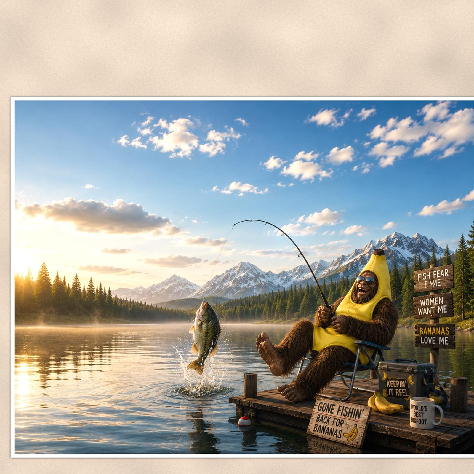 Banana Fishing Bigfoot — 36x24 in art print poster, premium luster paper with a white border; close-up framed on the main subject of the artwork, paper surface visible.