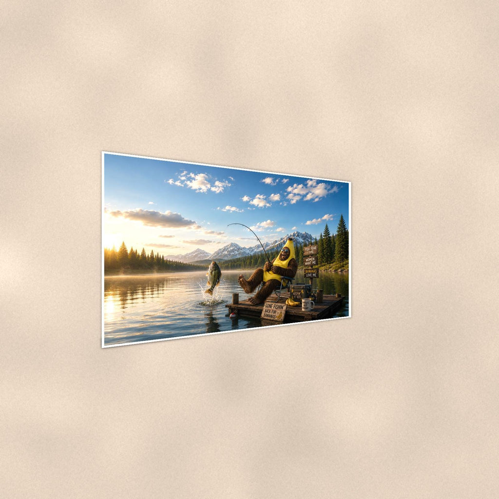 Banana Fishing Bigfoot — 36x24 in art print poster, premium luster paper with a white border; steeper three-quarter angle on a warm wall, catching the luster sheen.