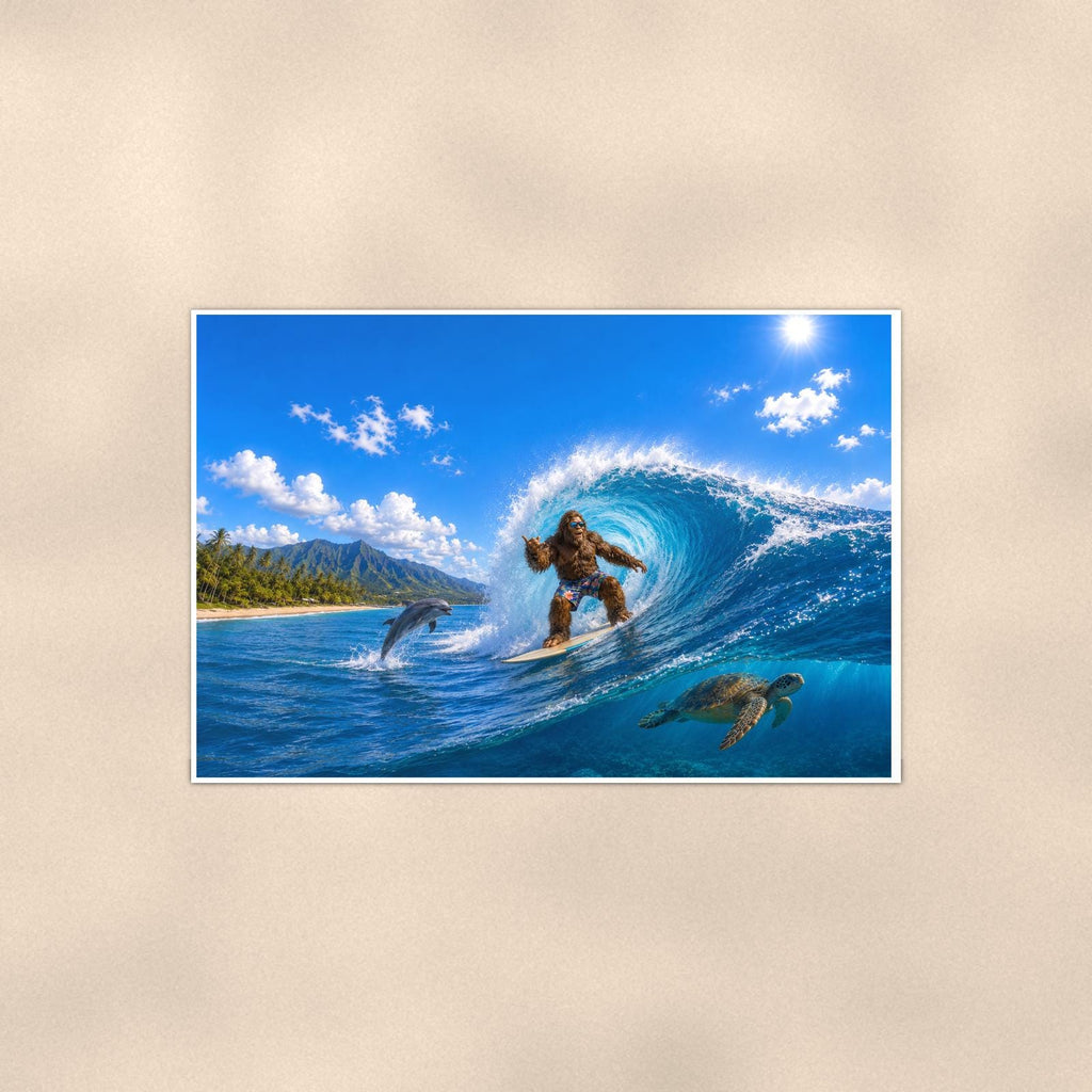 Surfing Bigfoot — 36x24 in art print poster, premium luster paper with a white border; poster shown straight on against a warm wall.