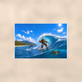 Surfing Bigfoot — 36x24 in art print poster, premium luster paper with a white border; poster shown straight on against a warm wall.