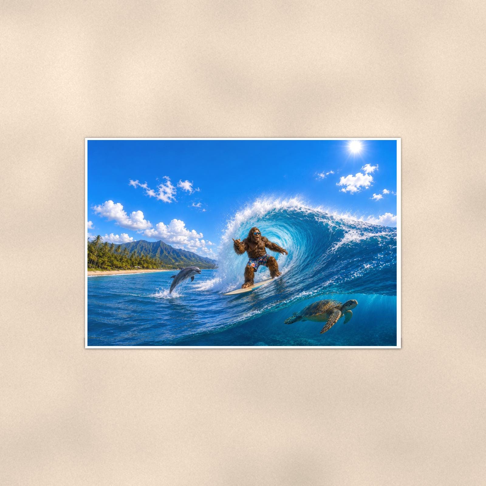 Surfing Bigfoot — 36x24 in art print poster, premium luster paper with a white border; poster shown straight on against a warm wall.