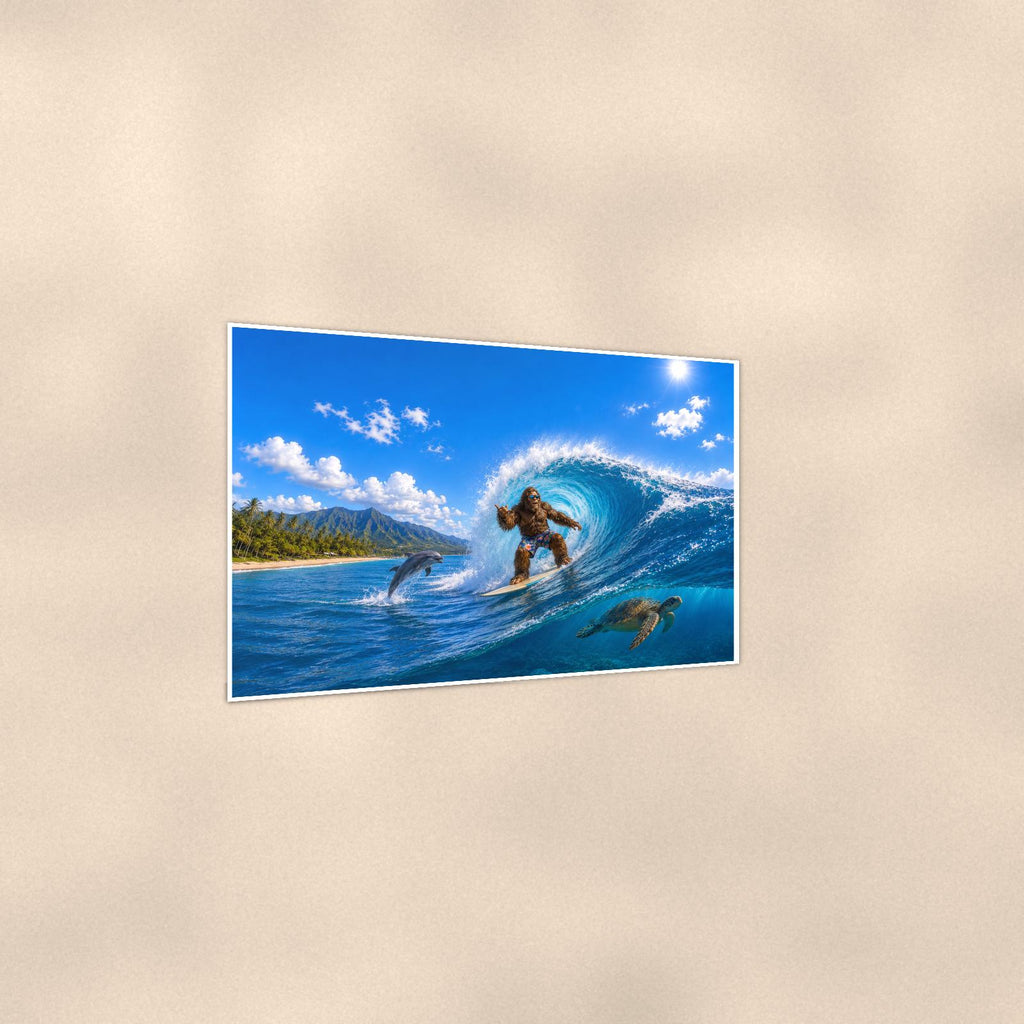 Surfing Bigfoot — 36x24 in art print poster, premium luster paper with a white border; gentle three-quarter angle on a warm wall, showing the flat paper edge.