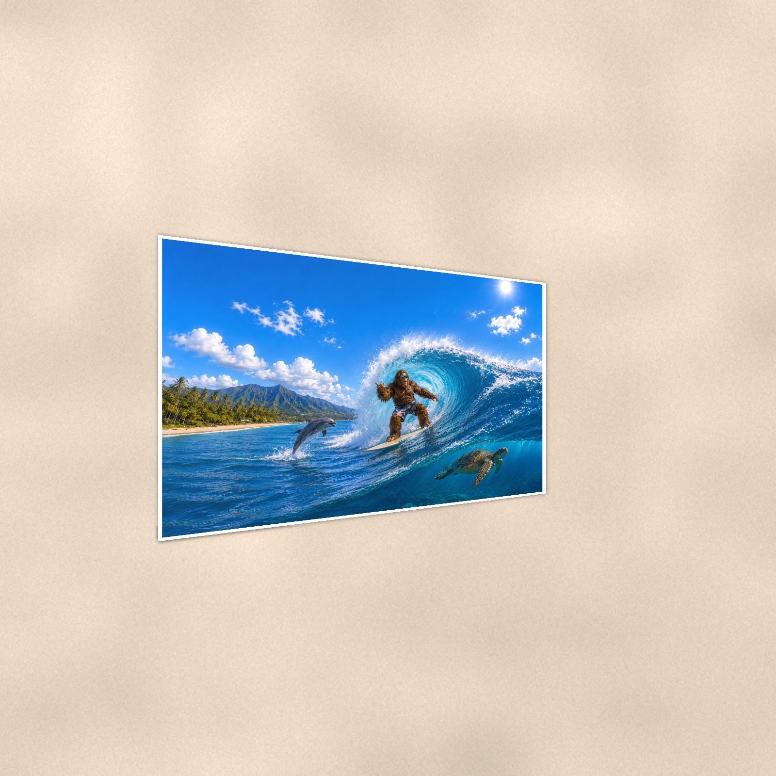 Surfing Bigfoot — 36x24 in art print poster, premium luster paper with a white border; steeper three-quarter angle on a warm wall, catching the luster sheen.