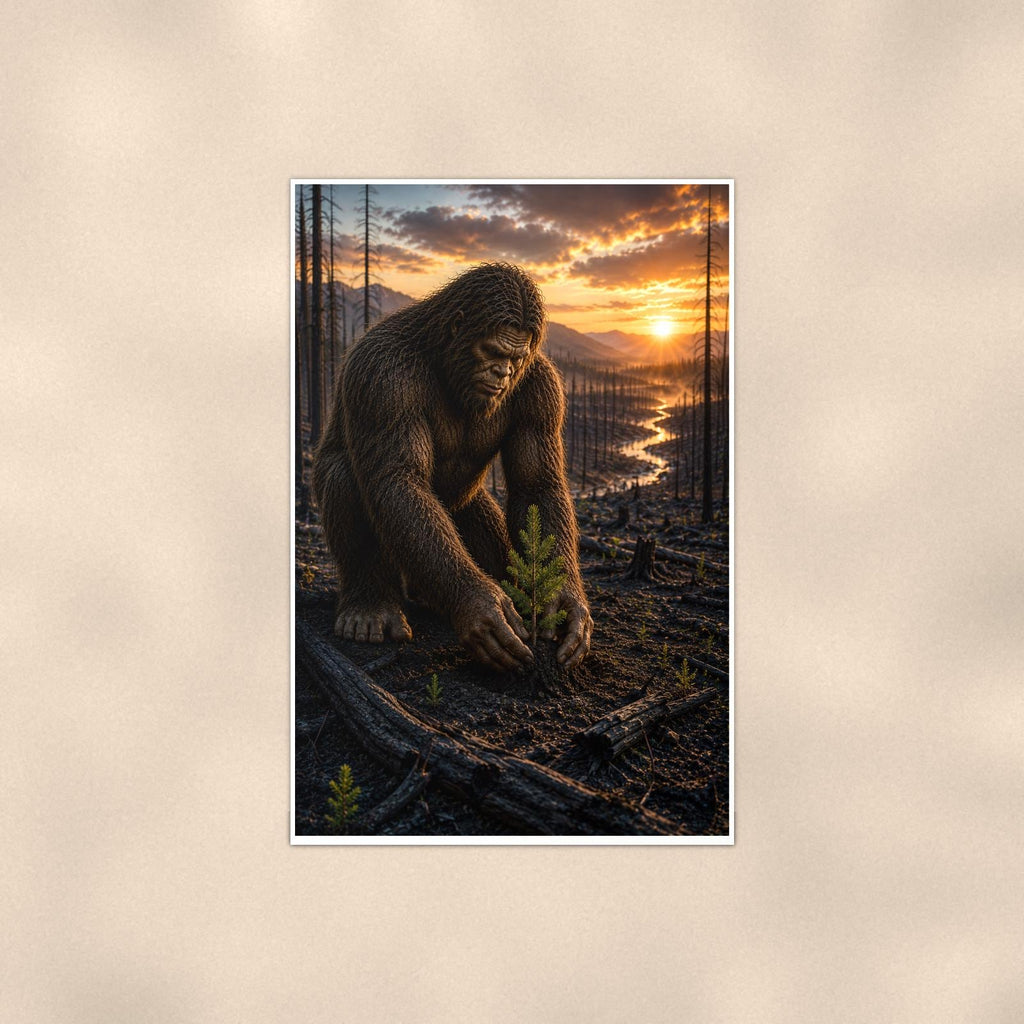 Dawn Creek Bigfoot — 24x36 in art print poster, premium luster paper with a white border; poster shown straight on against a warm wall.