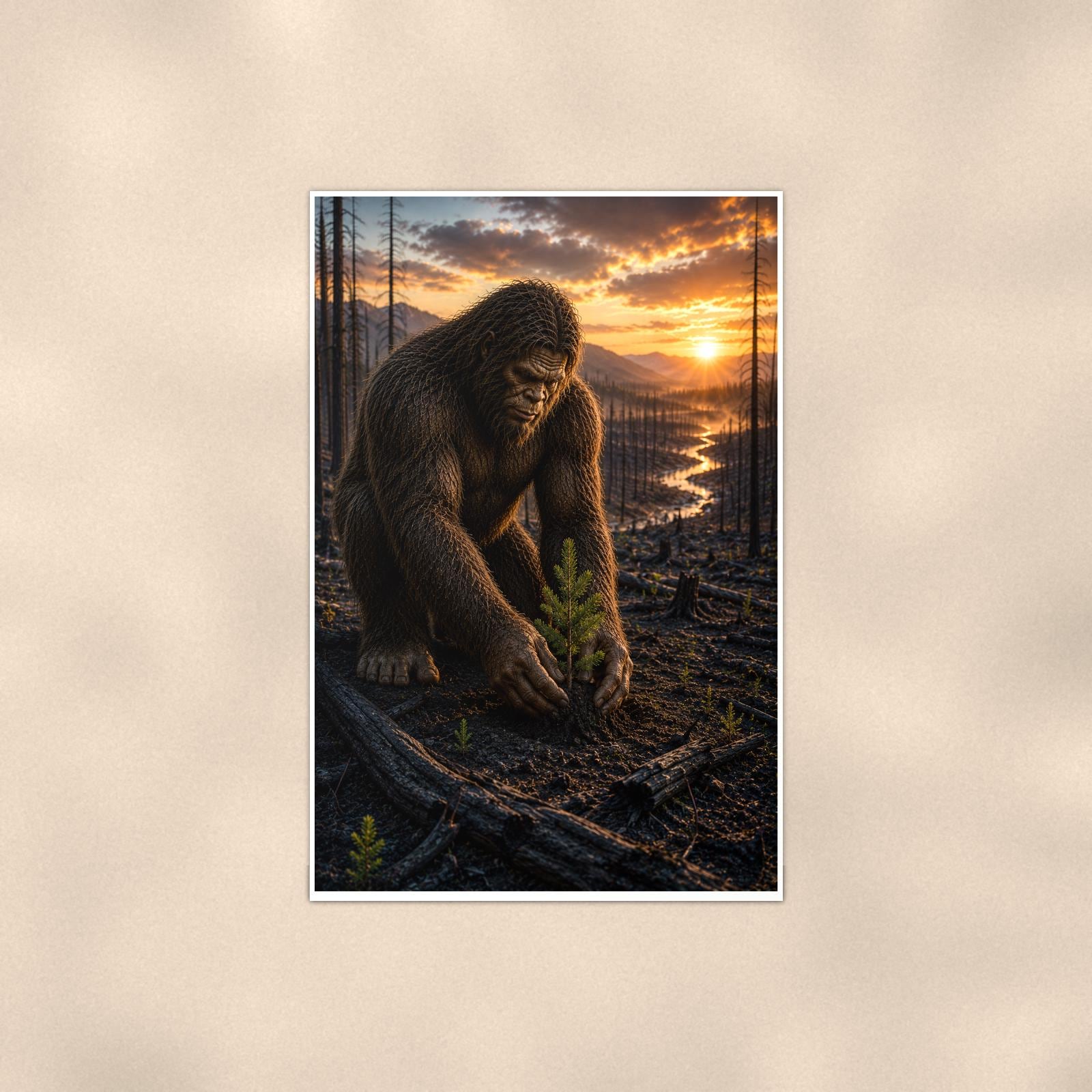 Dawn Creek Bigfoot — 24x36 in art print poster, premium luster paper with a white border; poster shown straight on against a warm wall.