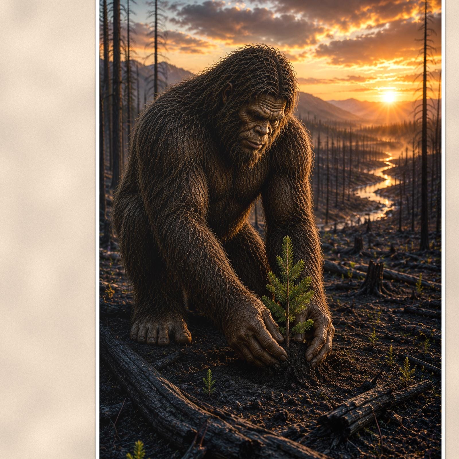 Dawn Creek Bigfoot — 24x36 in art print poster, premium luster paper with a white border; close-up framed on the main subject of the artwork, paper surface visible.