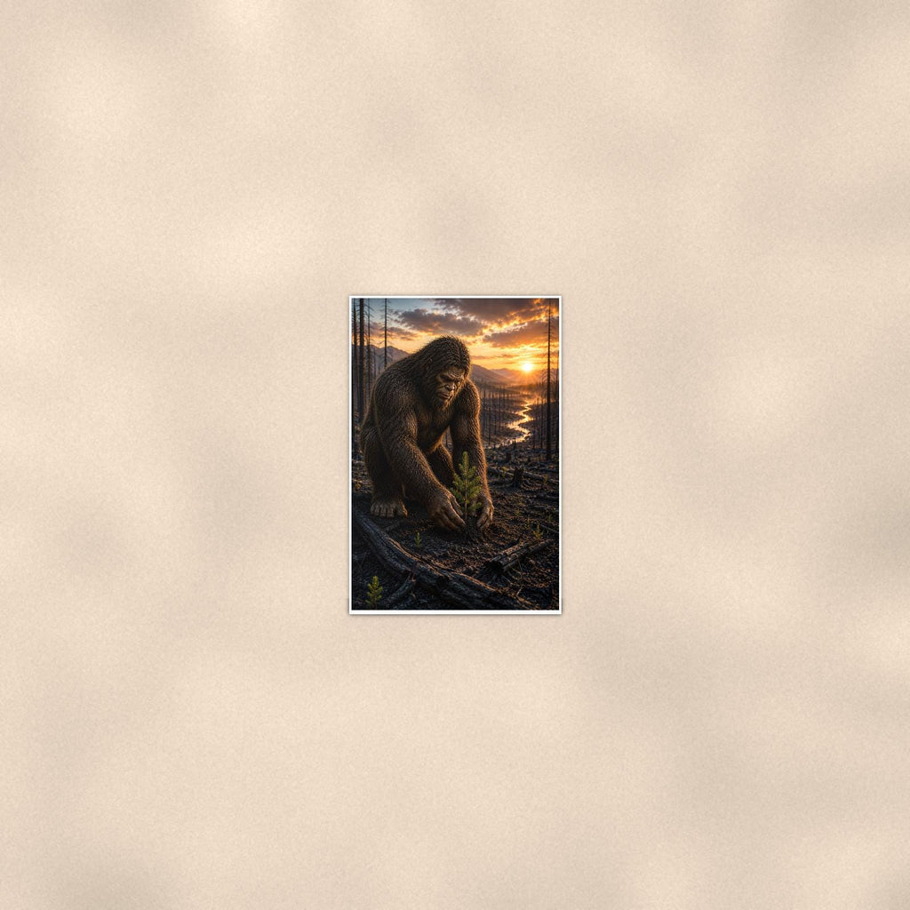 Dawn Creek Bigfoot — 24x36 in art print poster, premium luster paper with a white border; poster seen from further back, at true 24x36 in scale on a warm wall.