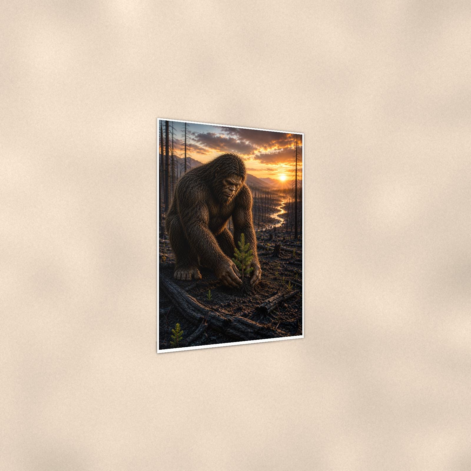 Dawn Creek Bigfoot — 24x36 in art print poster, premium luster paper with a white border; gentle three-quarter angle on a warm wall, showing the flat paper edge.