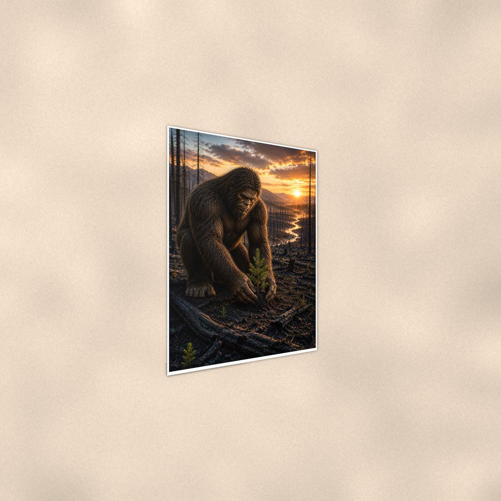 Dawn Creek Bigfoot — 24x36 in art print poster, premium luster paper with a white border; steeper three-quarter angle on a warm wall, catching the luster sheen.