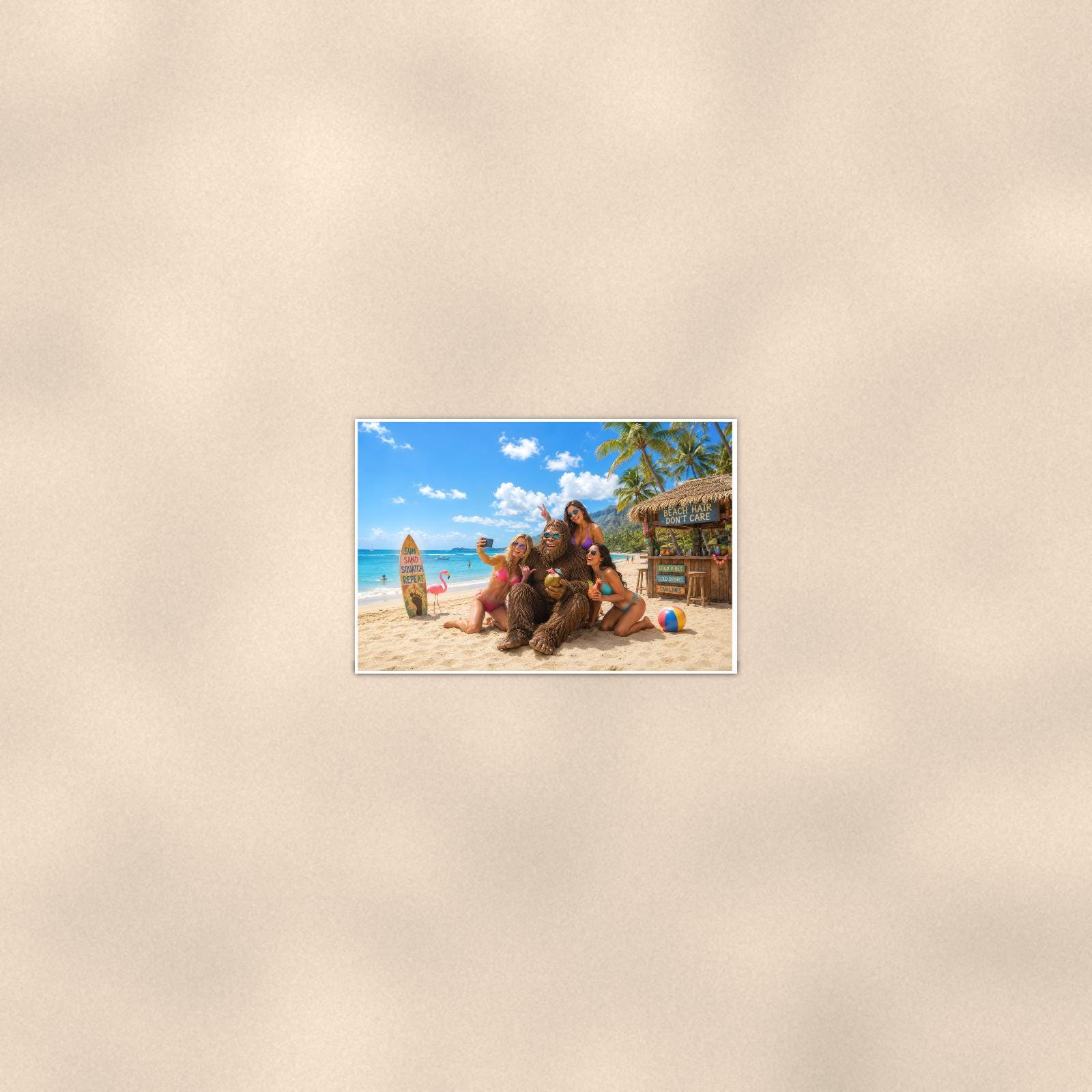 Beach Selfie Bigfoot — 36x24 in art print poster, premium luster paper with a white border; poster seen from further back, at true 24x36 in scale on a warm wall.