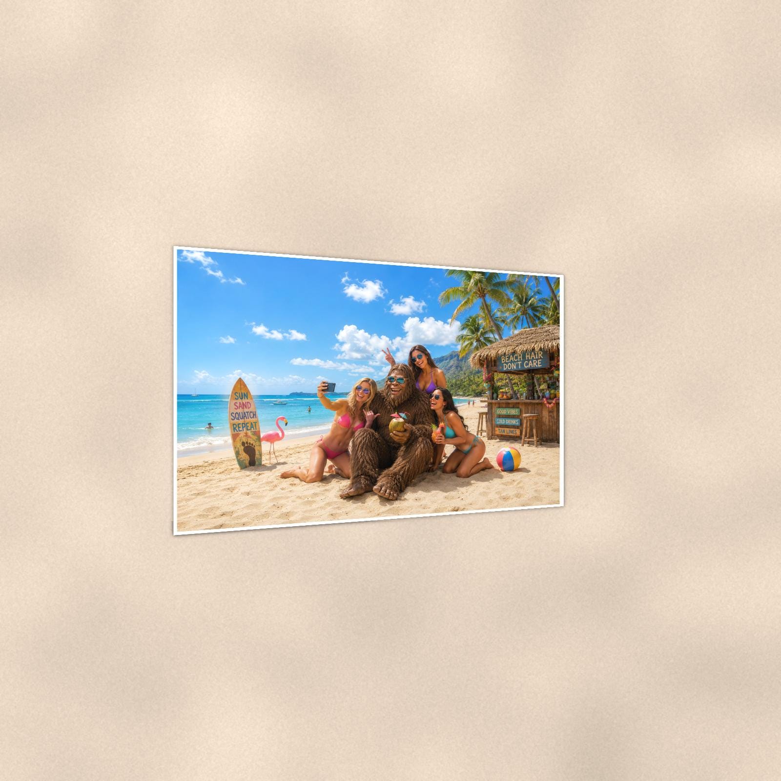 Beach Selfie Bigfoot — 36x24 in art print poster, premium luster paper with a white border; gentle three-quarter angle on a warm wall, showing the flat paper edge.