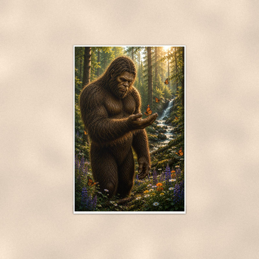 Smartphone Bigfoot — 24x36 in art print poster, premium luster paper with a white border; poster shown straight on against a warm wall.