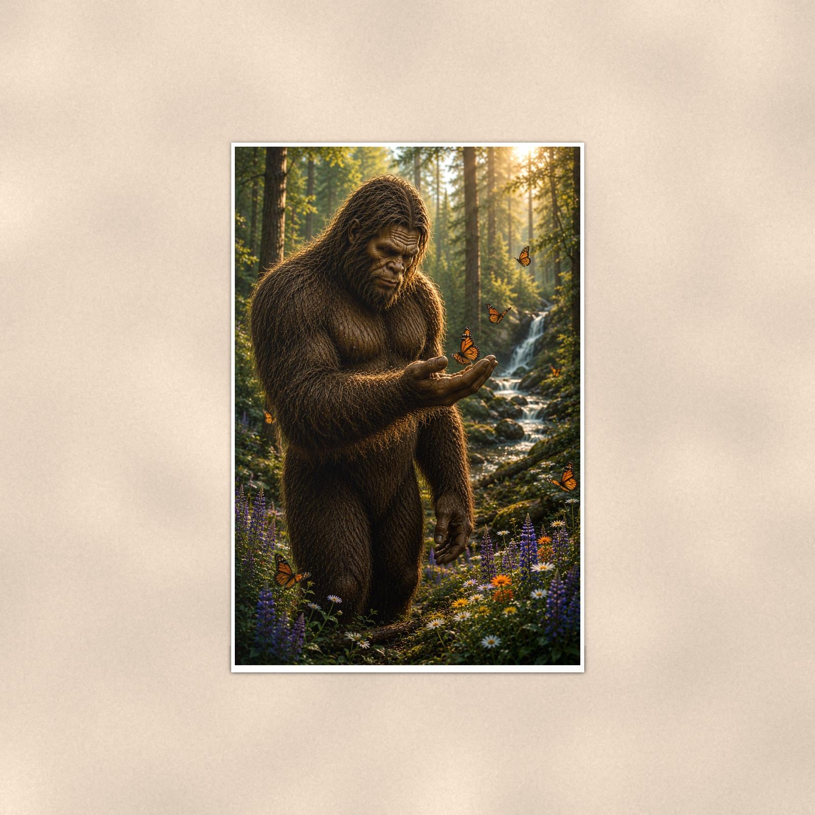 Smartphone Bigfoot — 24x36 in art print poster, premium luster paper with a white border; poster shown straight on against a warm wall.