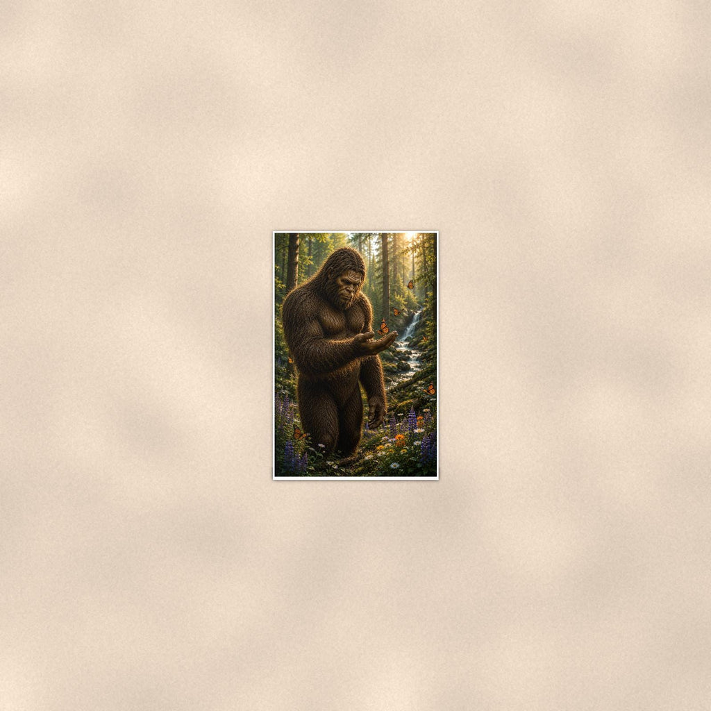 Smartphone Bigfoot — 24x36 in art print poster, premium luster paper with a white border; poster seen from further back, at true 24x36 in scale on a warm wall.
