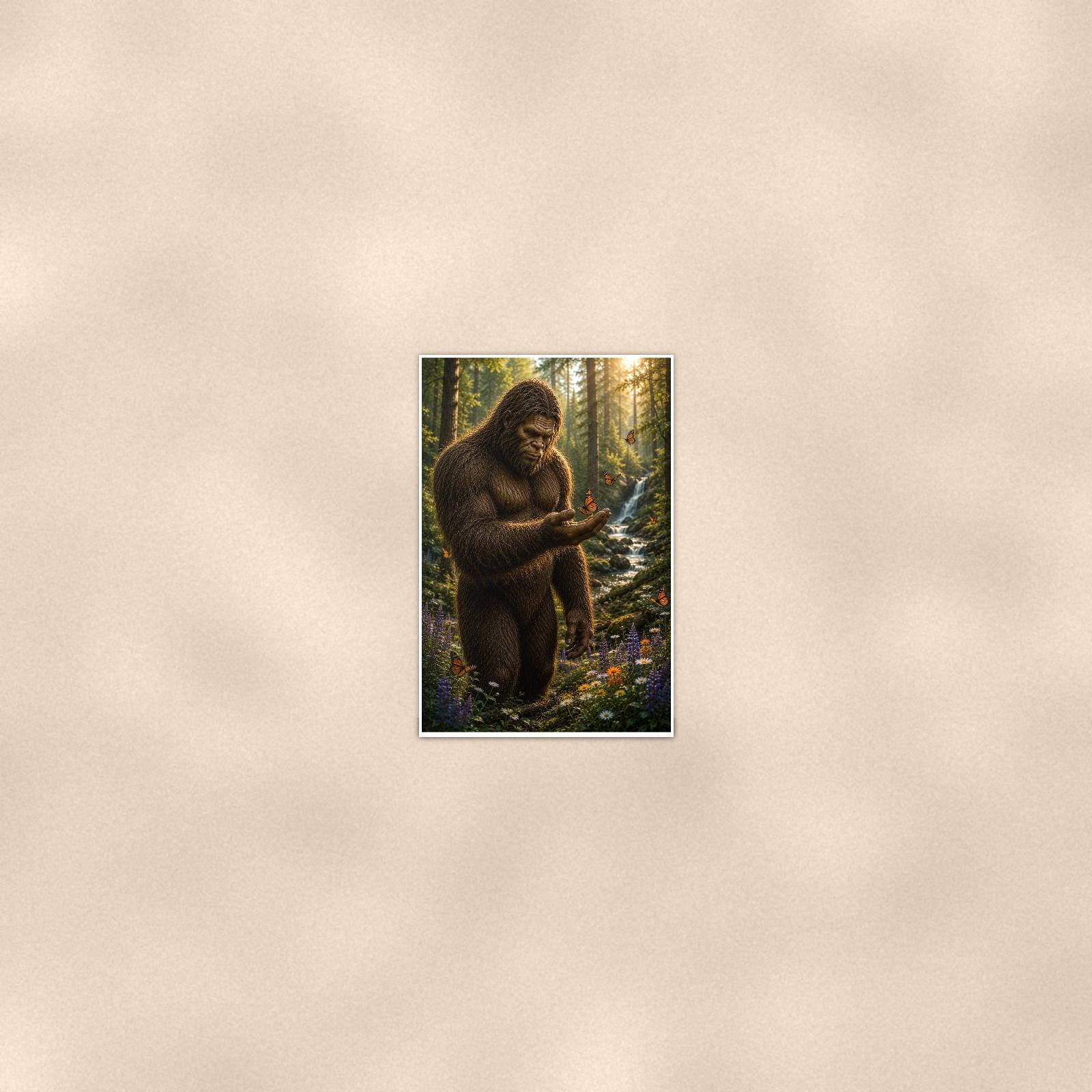 Smartphone Bigfoot — 24x36 in art print poster, premium luster paper with a white border; poster seen from further back, at true 24x36 in scale on a warm wall.
