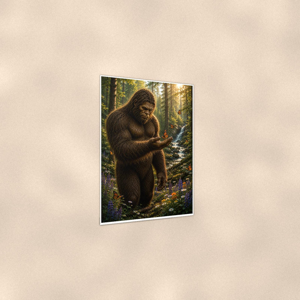 Smartphone Bigfoot — 24x36 in art print poster, premium luster paper with a white border; gentle three-quarter angle on a warm wall, showing the flat paper edge.