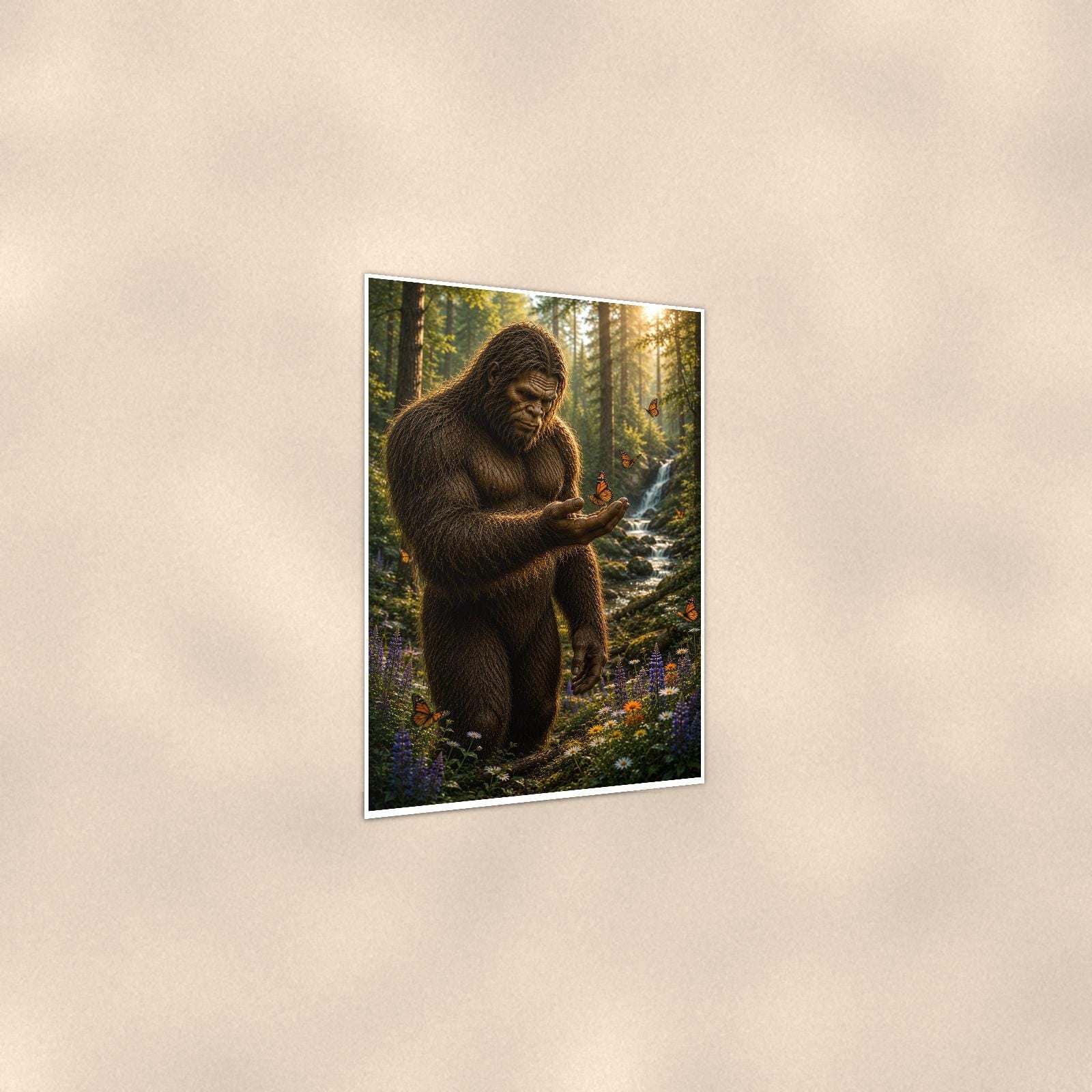 Smartphone Bigfoot — 24x36 in art print poster, premium luster paper with a white border; gentle three-quarter angle on a warm wall, showing the flat paper edge.