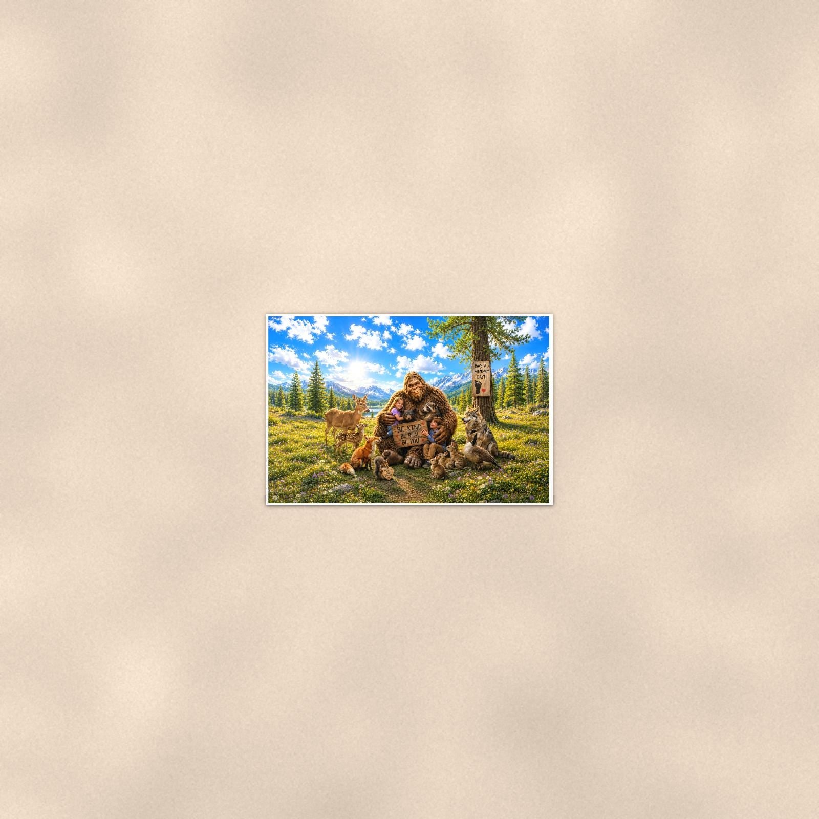 Petting Zoo Bigfoot — 36x24 in art print poster, premium luster paper with a white border; poster seen from further back, at true 24x36 in scale on a warm wall.