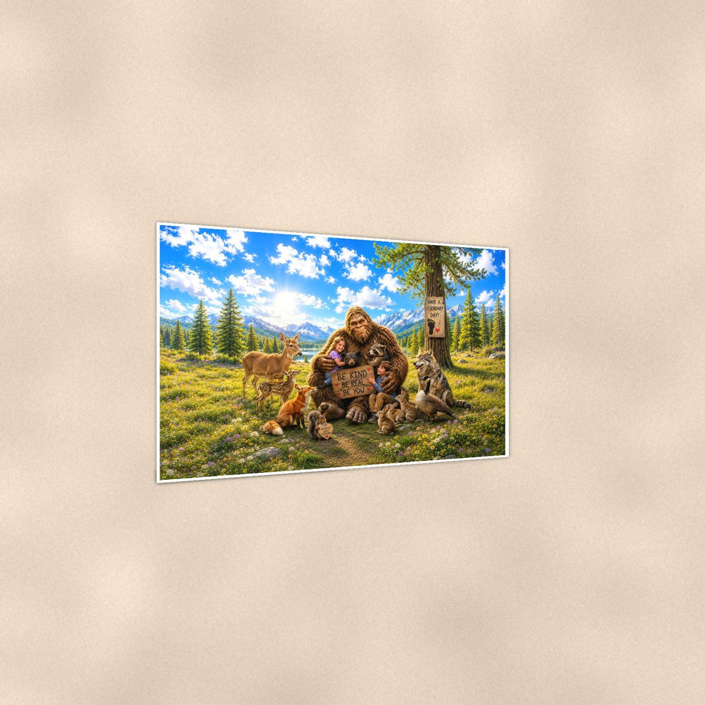 Petting Zoo Bigfoot — 36x24 in art print poster, premium luster paper with a white border; gentle three-quarter angle on a warm wall, showing the flat paper edge.
