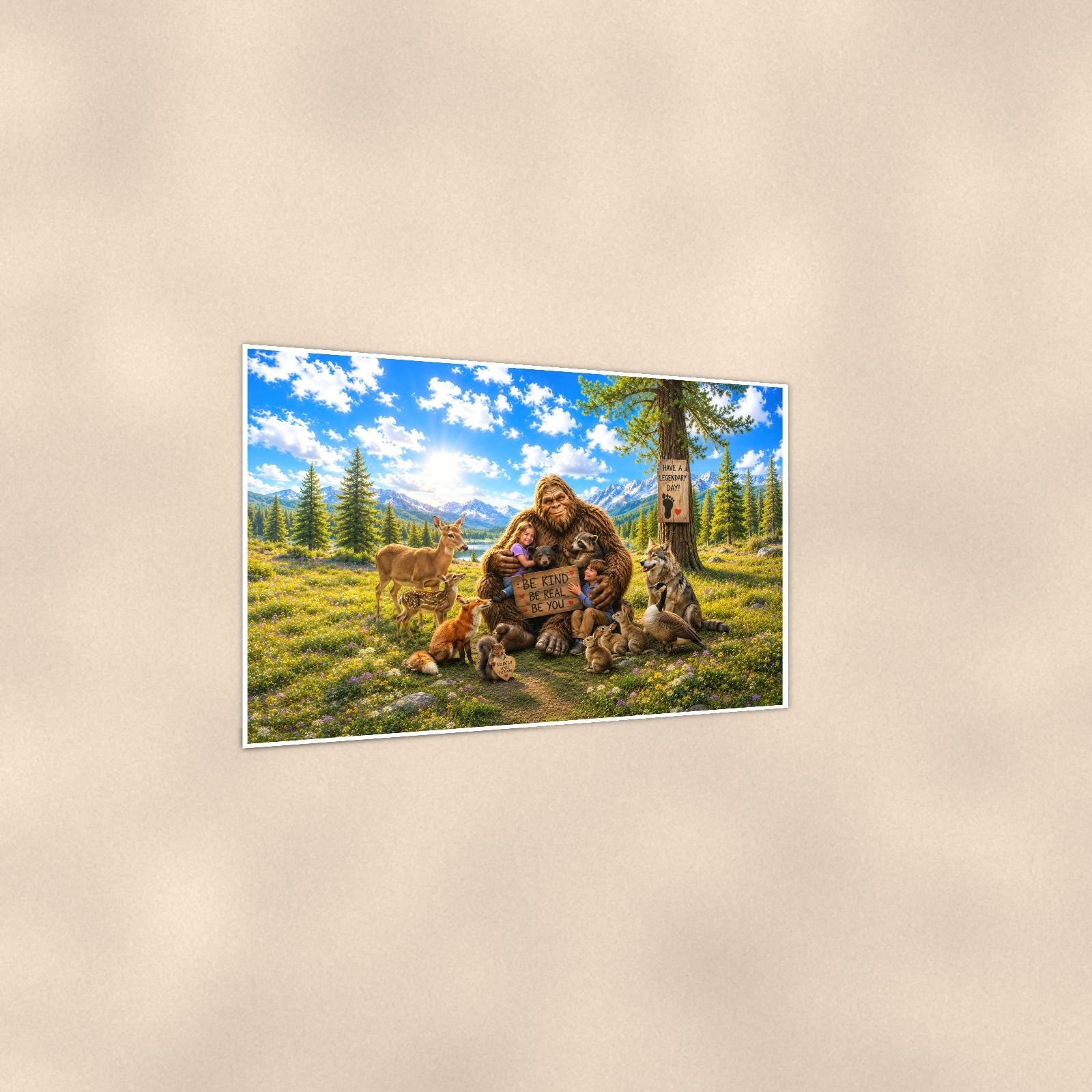 Petting Zoo Bigfoot — 36x24 in art print poster, premium luster paper with a white border; gentle three-quarter angle on a warm wall, showing the flat paper edge.