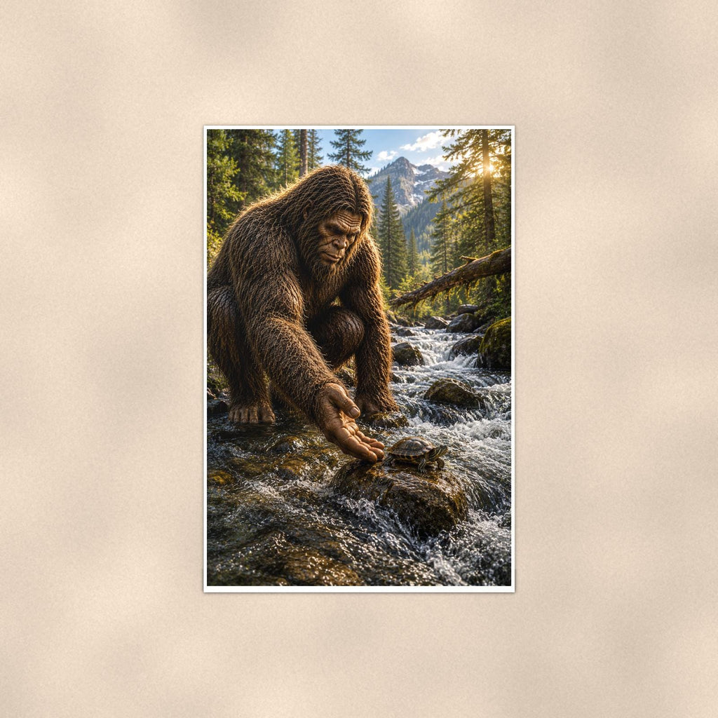 Gold Panning Bigfoot — 24x36 in art print poster, premium luster paper with a white border; poster shown straight on against a warm wall.