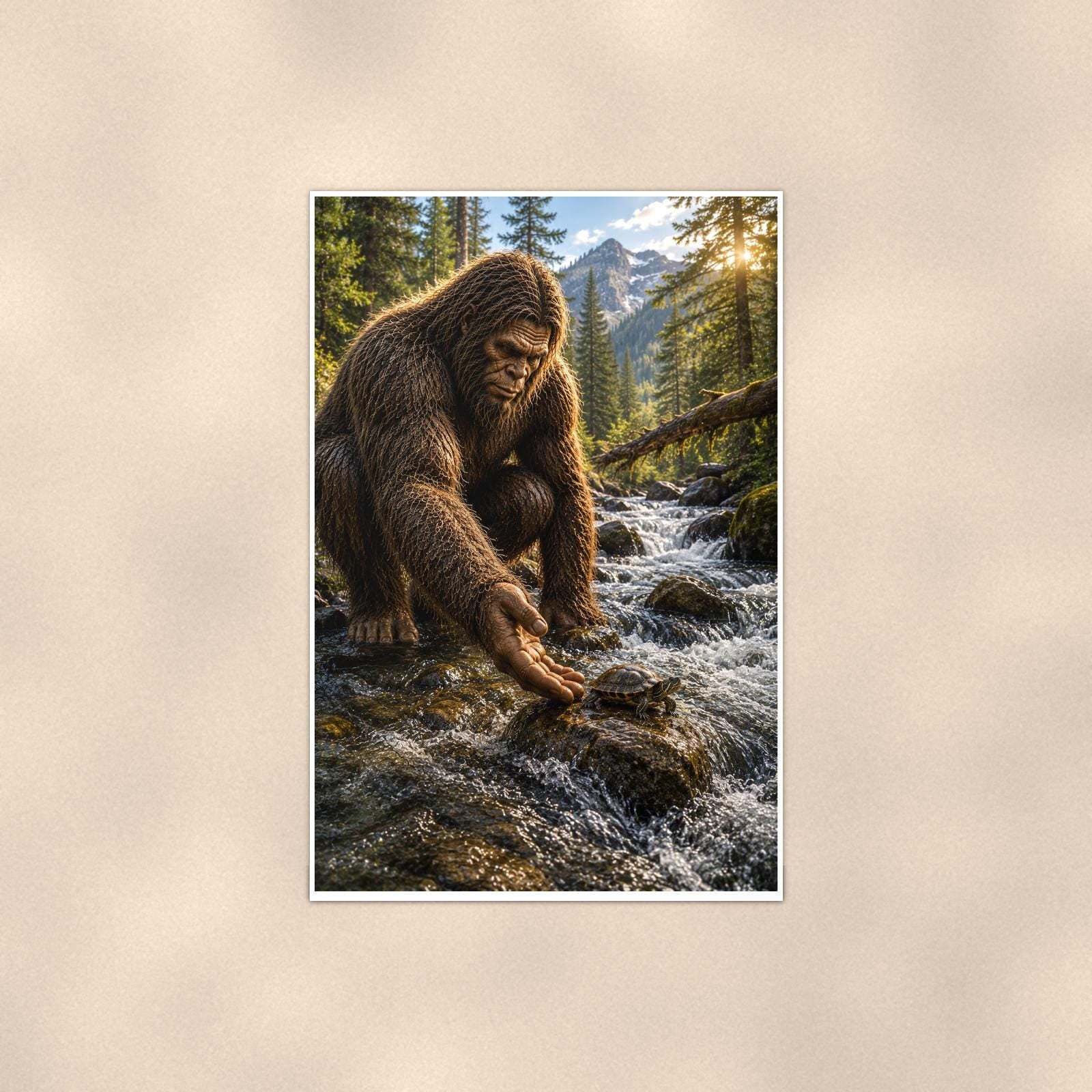 Gold Panning Bigfoot — 24x36 in art print poster, premium luster paper with a white border; poster shown straight on against a warm wall.