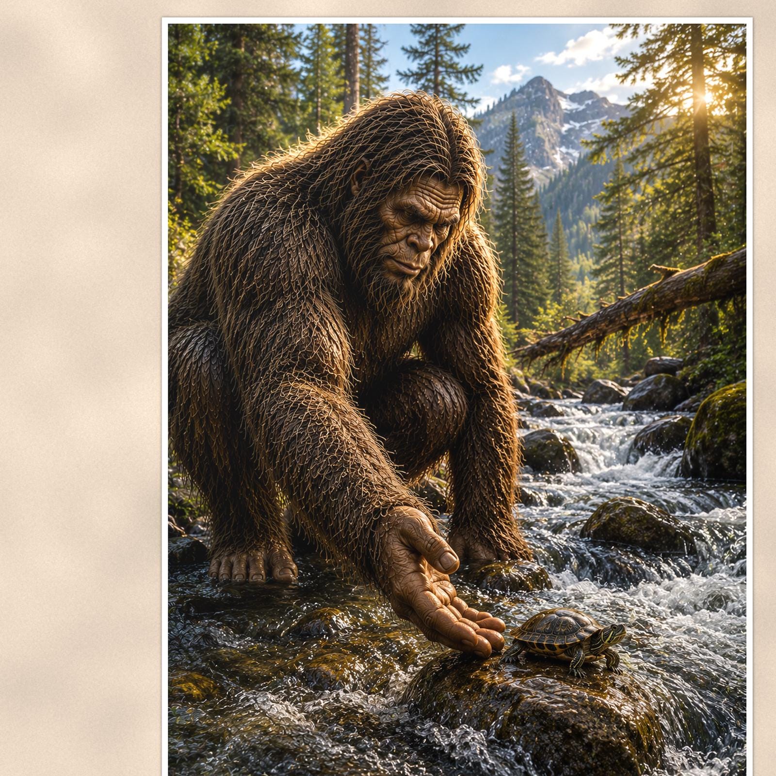 Gold Panning Bigfoot — 24x36 in art print poster, premium luster paper with a white border; close-up framed on the main subject of the artwork, paper surface visible.
