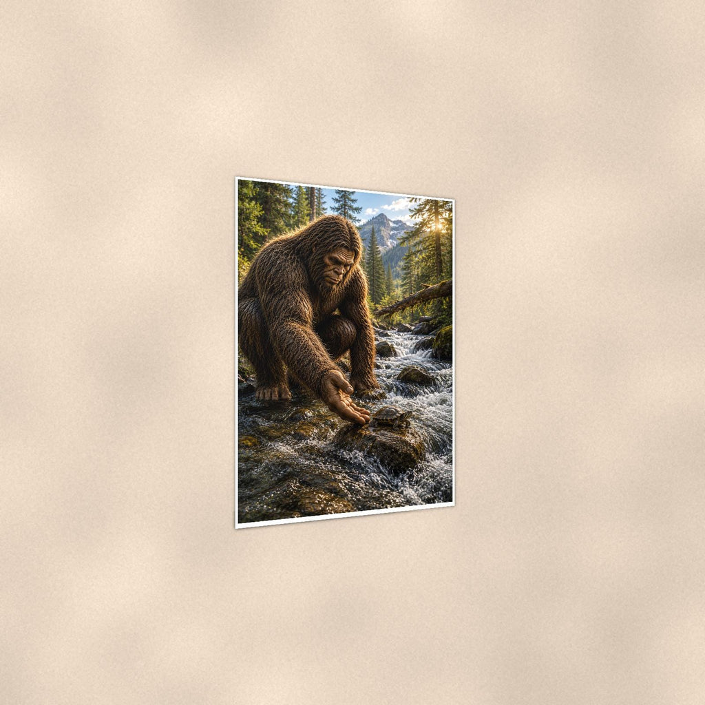 Gold Panning Bigfoot — 24x36 in art print poster, premium luster paper with a white border; gentle three-quarter angle on a warm wall, showing the flat paper edge.