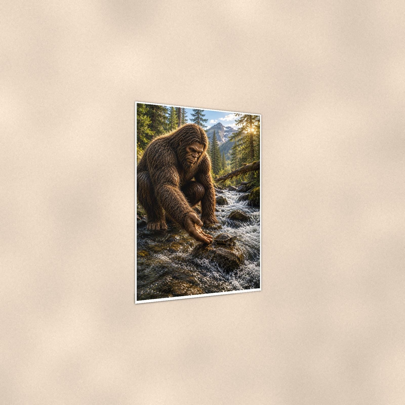 Gold Panning Bigfoot — 24x36 in art print poster, premium luster paper with a white border; gentle three-quarter angle on a warm wall, showing the flat paper edge.