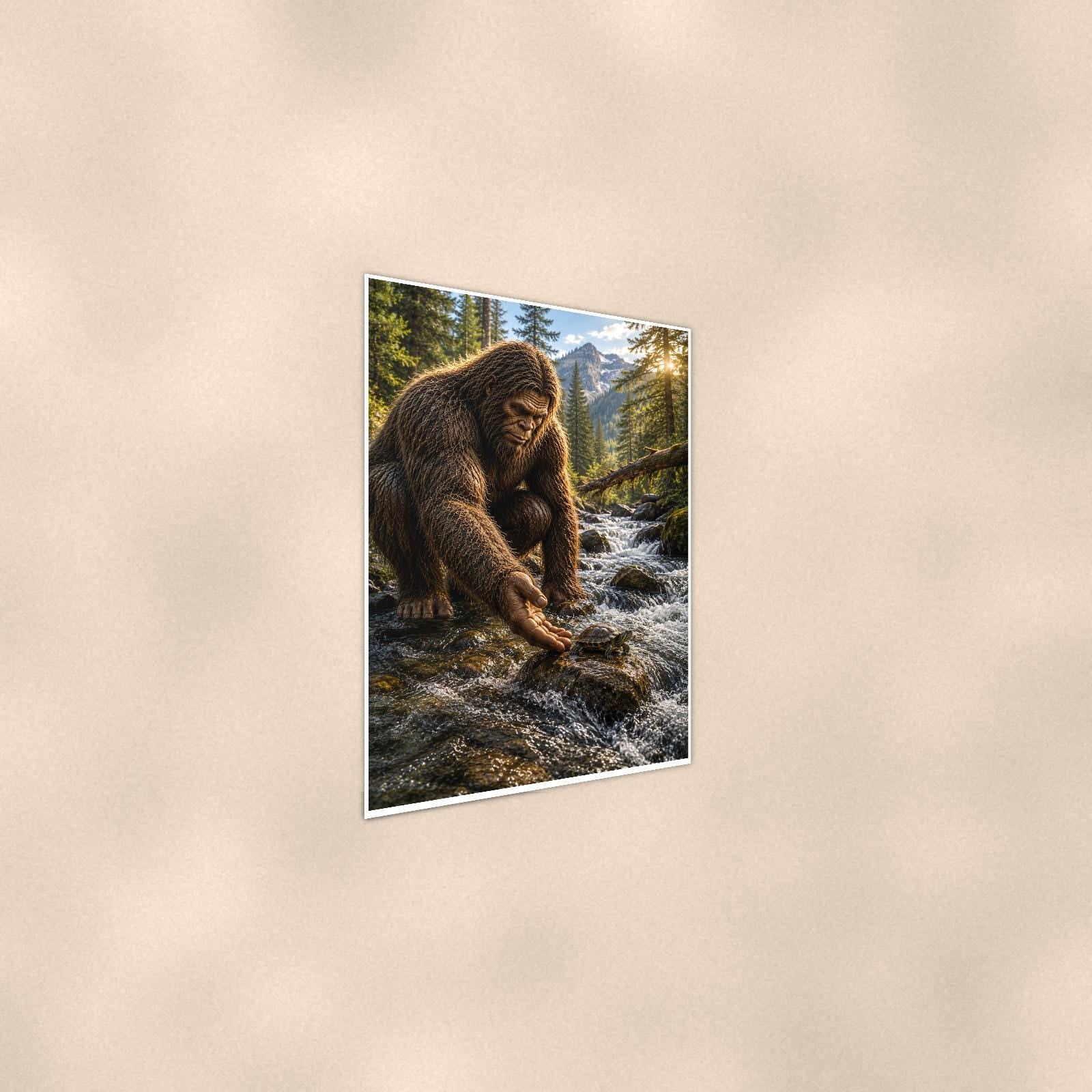 Gold Panning Bigfoot — 24x36 in art print poster, premium luster paper with a white border; steeper three-quarter angle on a warm wall, catching the luster sheen.