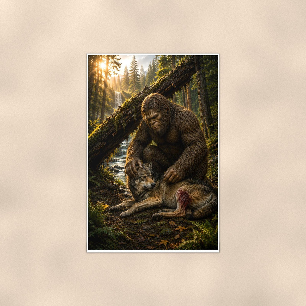 Wolf Pup Log Bigfoot — 24x36 in art print poster, premium luster paper with a white border; poster shown straight on against a warm wall.