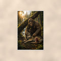 Wolf Pup Log Bigfoot — 24x36 in art print poster, premium luster paper with a white border; poster shown straight on against a warm wall.