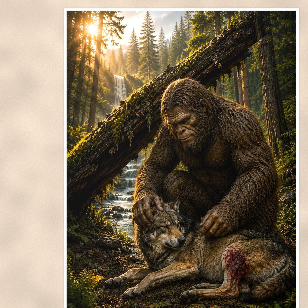 Wolf Pup Log Bigfoot — 24x36 in art print poster, premium luster paper with a white border; close-up framed on the main subject of the artwork, paper surface visible.