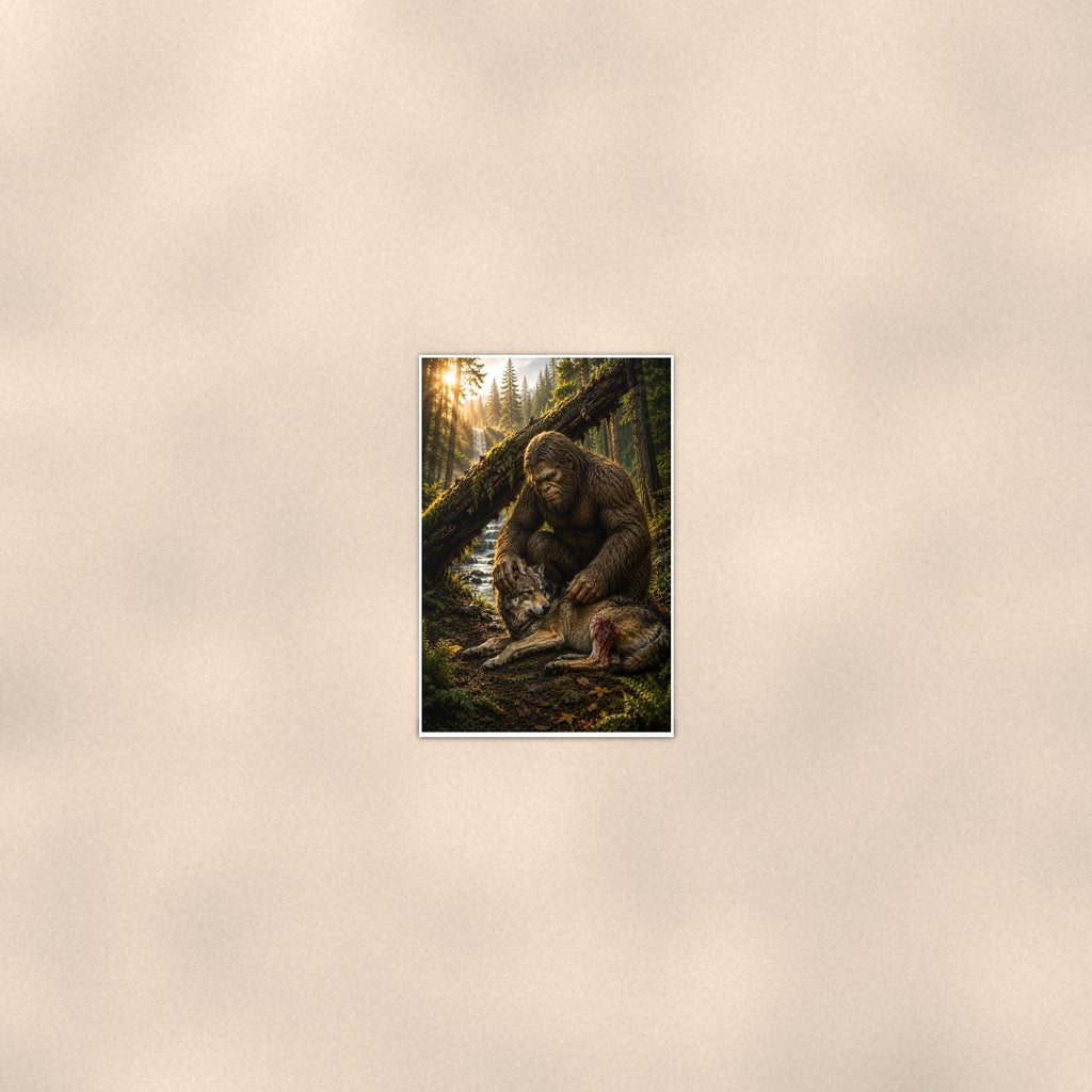 Wolf Pup Log Bigfoot — 24x36 in art print poster, premium luster paper with a white border; poster seen from further back, at true 24x36 in scale on a warm wall.