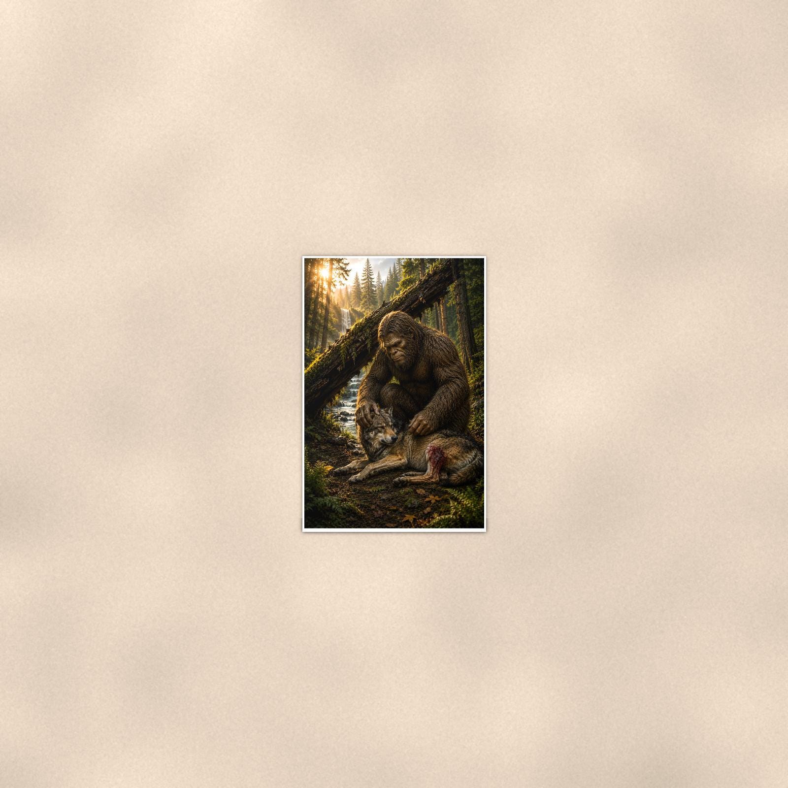 Wolf Pup Log Bigfoot — 24x36 in art print poster, premium luster paper with a white border; poster seen from further back, at true 24x36 in scale on a warm wall.