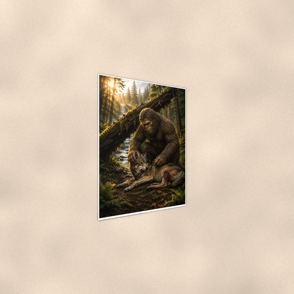 Wolf Pup Log Bigfoot — 24x36 in art print poster, premium luster paper with a white border; steeper three-quarter angle on a warm wall, catching the luster sheen.