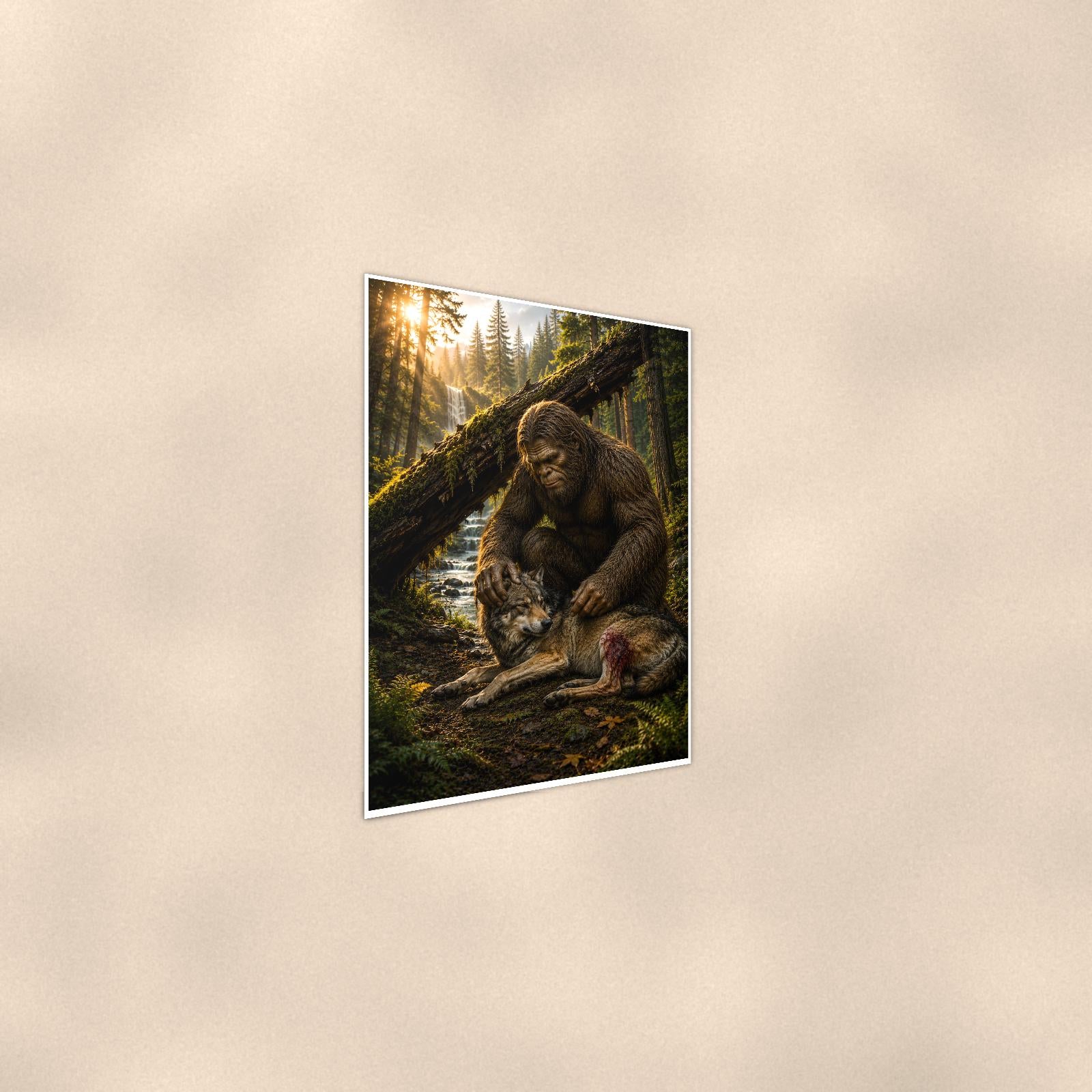 Wolf Pup Log Bigfoot — 24x36 in art print poster, premium luster paper with a white border; steeper three-quarter angle on a warm wall, catching the luster sheen.