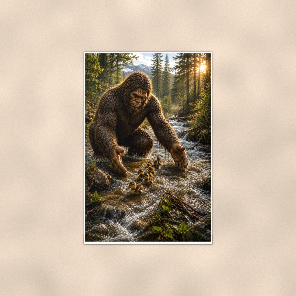 Creek Cubs Bigfoot — 24x36 in art print poster, premium luster paper with a white border; poster shown straight on against a warm wall.