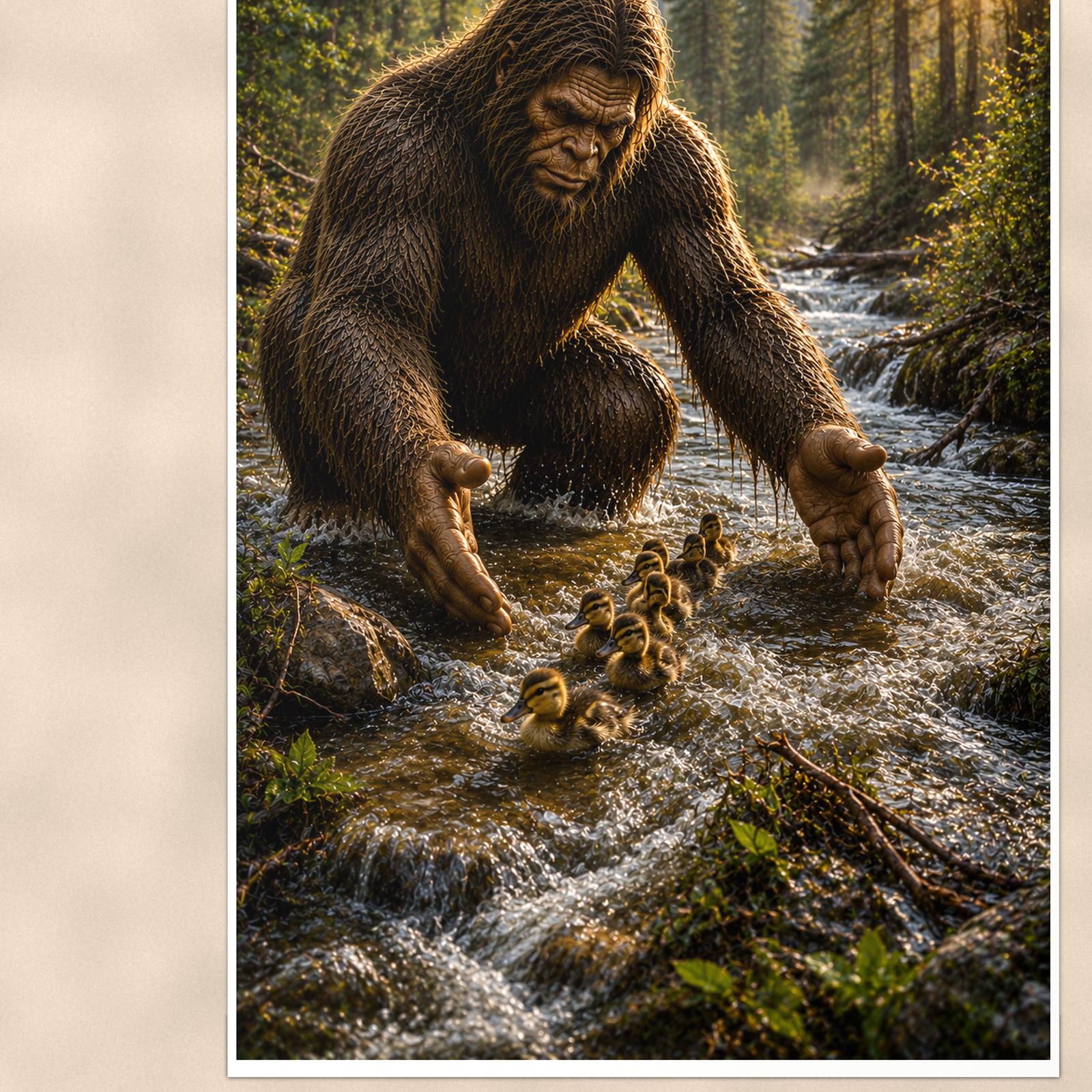 Creek Cubs Bigfoot — 24x36 in art print poster, premium luster paper with a white border; close-up framed on the main subject of the artwork, paper surface visible.