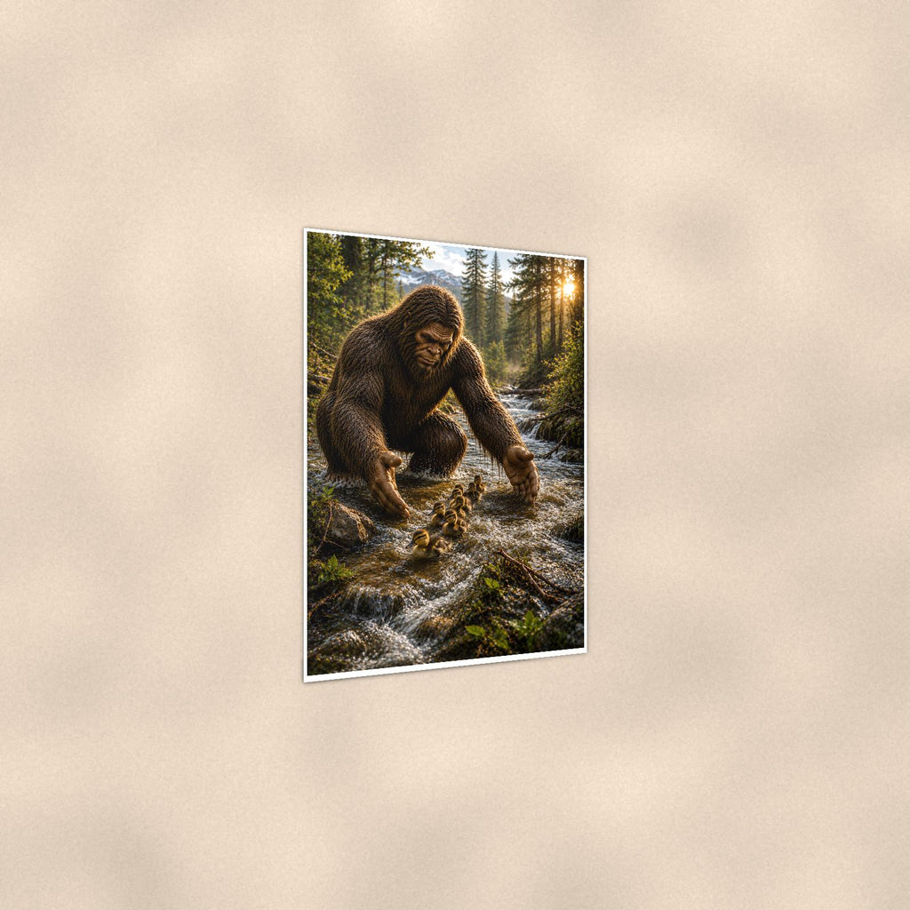 Creek Cubs Bigfoot — 24x36 in art print poster, premium luster paper with a white border; gentle three-quarter angle on a warm wall, showing the flat paper edge.