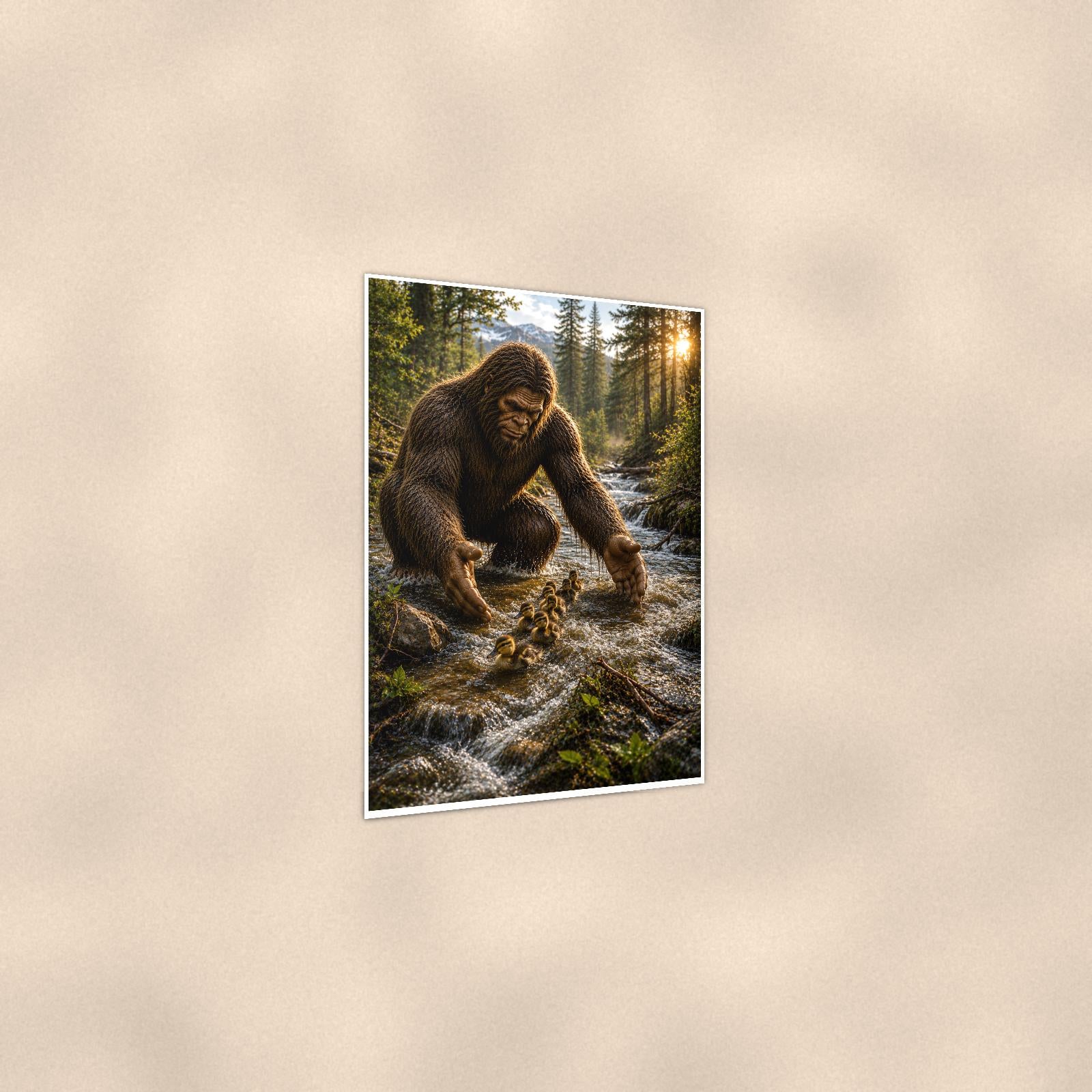 Creek Cubs Bigfoot — 24x36 in art print poster, premium luster paper with a white border; gentle three-quarter angle on a warm wall, showing the flat paper edge.