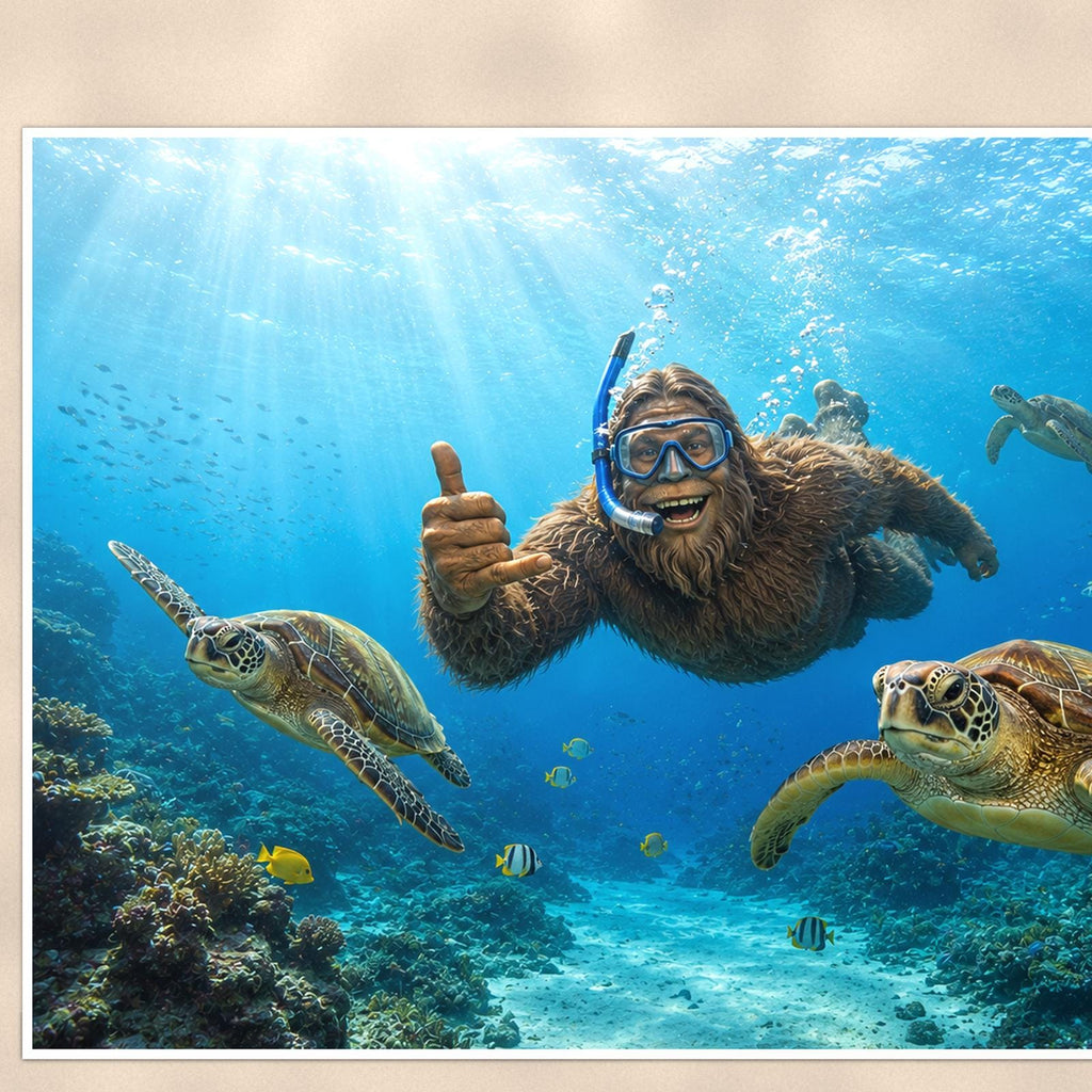 Scuba Bigfoot with Sea Turtles — 36x24 in art print poster, premium luster paper with a white border; close-up framed on the main subject of the artwork, paper surface visible.